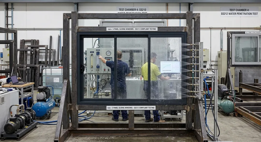 Sliding window undergoing a water penetration test in a testing facility