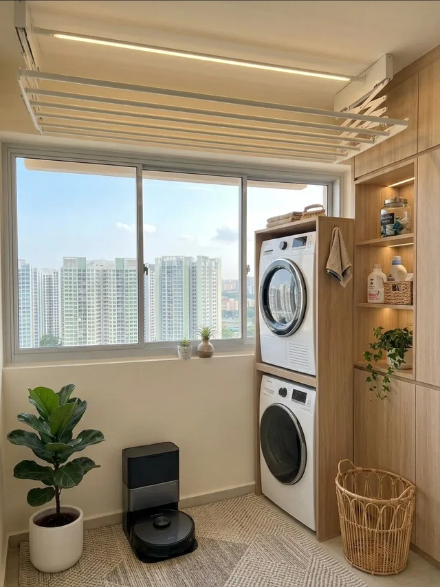 Bright service yard with sliding windows, laundry appliances and warm wood cabinetry